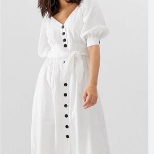 Moon River White Button-Front Midi Dress with Tie Waist